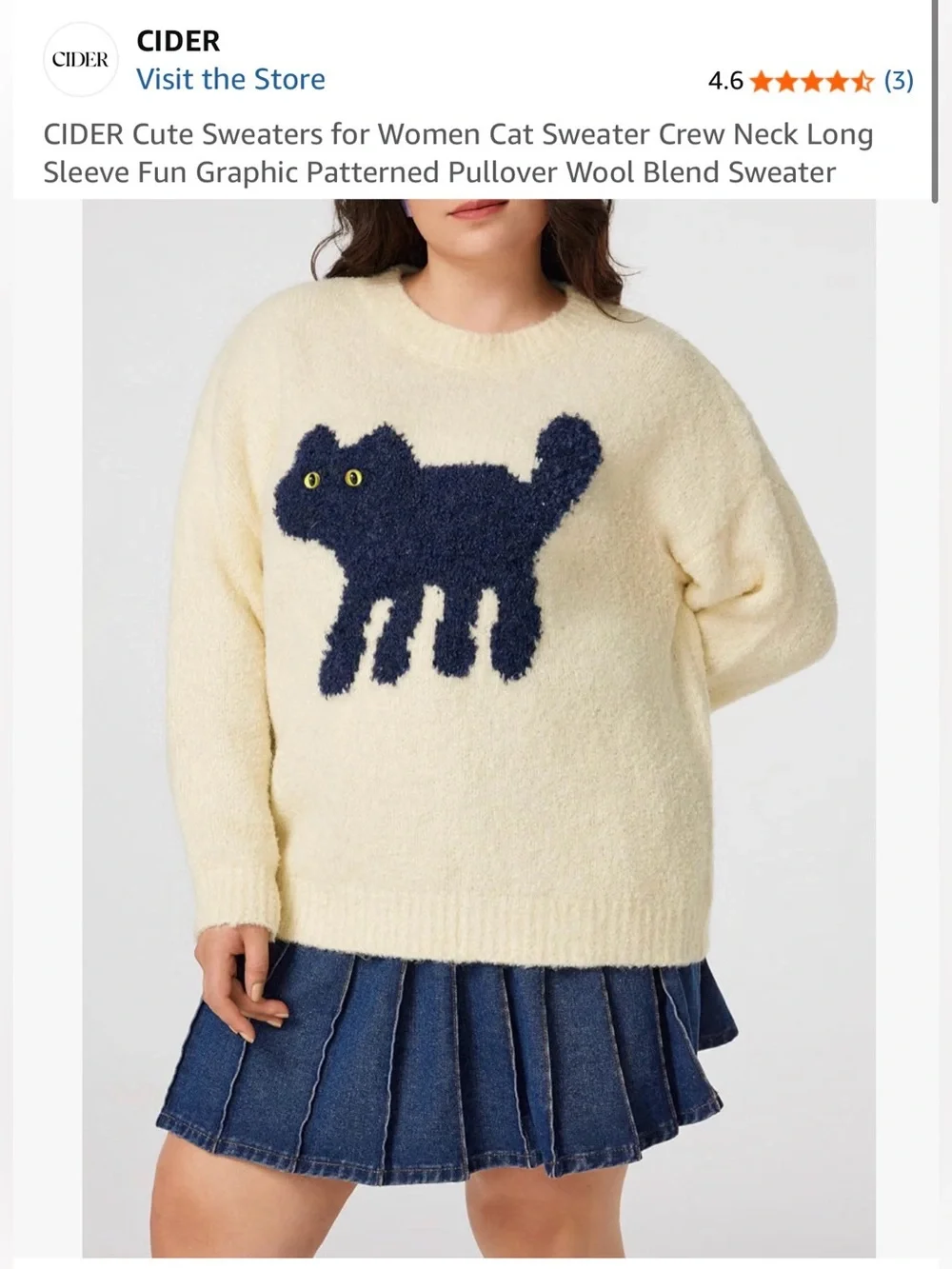 Cider Cream Sweater with Navy Cat Appliqué realistic eyes XL zz1-03